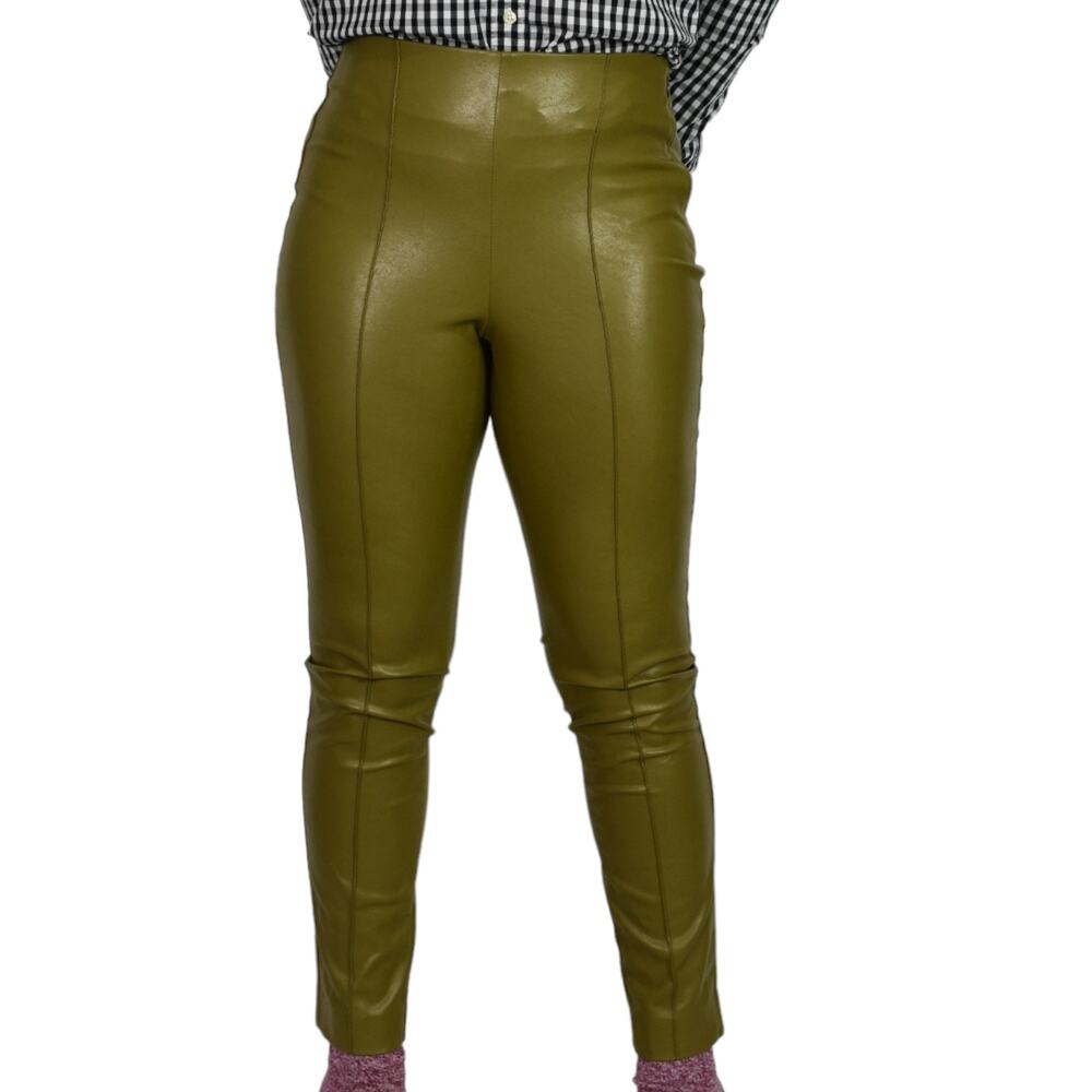 Babaton Frida Vegan Leather Pants Green Avocado Ankle High Rise Trousers Size 4